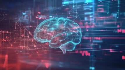 Poster - Creative visualization of a human brain with abstract data and graphs overlaying it, representing cognitive analysis and brain research
