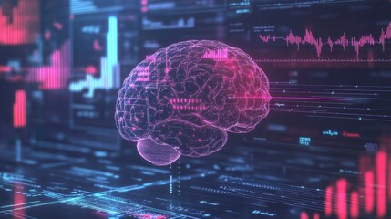 Poster - Creative visualization of a human brain with abstract data and graphs overlaying it, representing cognitive analysis and brain research
