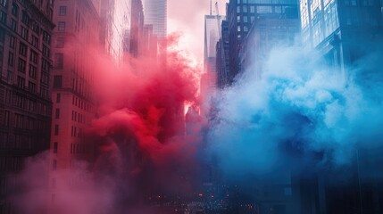 Poster - Dynamic image of red and blue smoke enveloping a cityscape, adding a dramatic and artistic flair to the urban environment