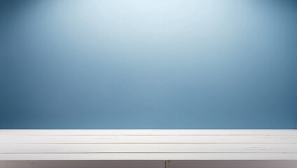 Wall Mural - The empty white wooden table top with matte blue background. For product display