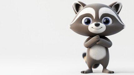 A cute cartoon raccoon stands with a friendly expression, showcasing a playful design.