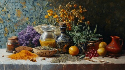 Wall Mural - Still Life with Flowers, Fruit, and Spices