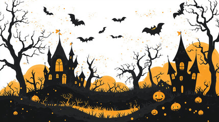 Wall Mural - Yellow and Black Spooky Halloween white background, vector, white background, Cute, fantasy, isolated on white background.