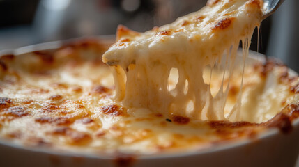 Wall Mural - A white bowl of cheesy food with a fork in it