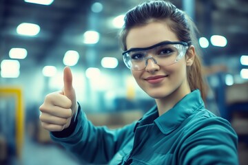 Poster - A woman wearing safety glasses giving a thumbs up