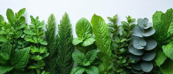 Wall Mural - Assorted Green Leaves Arranged Against a White Background