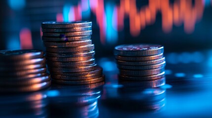 Canvas Print - Golden euro coins stacked on a black background, forming a graph of financial growth