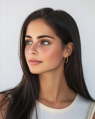 Wall Mural - A woman with long brown hair wearing a white tank top