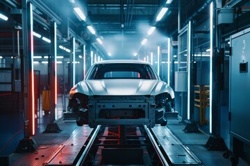 Poster - Silver car body is being assembled on an automated production line in a modern car manufacturing factory