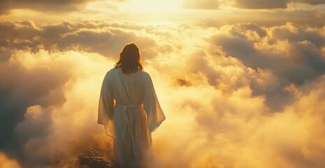 Jesus walking on the clouds, back view, in a misty golden light
