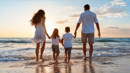 Wall Mural - A family walking on the beach holding hands and holding hands