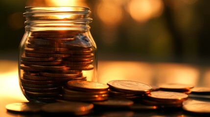 Glass bottle filled with a pile of coins representing wealth and savings. New ideas for finance.