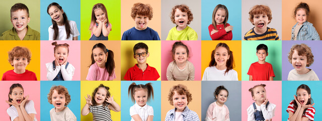 Many cute children on different colors backgrounds, collage of photos