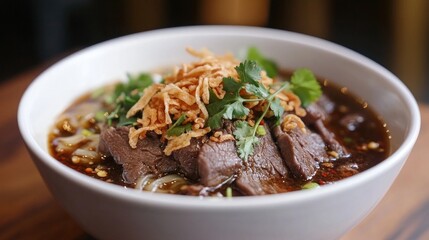 Tantalizing bowl of Thai boat noodles with beef slices, fresh herbs, and a rich, spicy broth, garnished with fried shallots and chili