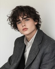 Canvas Print - A young man with curly hair wearing a gray suit and white shirt