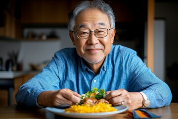 Elderly man enjoying a home-cooked meal, prepared by his caregiver who ensures he eats well-balanced, nutritious food every day