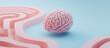 © Soul Spark - 3D rendering of a pink brain model in front of the maze. Pastel colors.