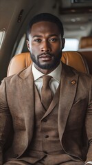 Canvas Print - A man in a brown suit sitting in a private jet