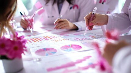 Hands of professionals analyzing colorful charts and graphs during a collaborative meeting with floral decoration.