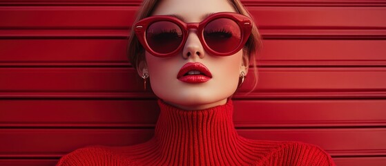 Woman in Red Sunglasses and Sweater Against Red Wall