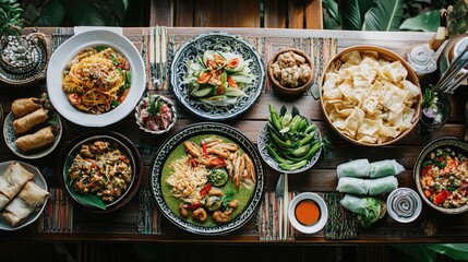 Vibrant Thai food spread featuring green curry, pad thai, and fresh spring rolls, arranged beautifully on a traditional Thai-style dining table