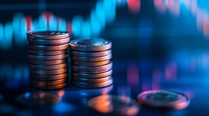 Canvas Print - Golden euro coins stacked on a black background, forming a graph of financial growth