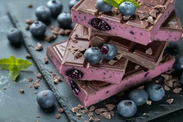 Poster - Stacked blueberry chocolate with fresh blueberries and chocolate shavings on a dark surface