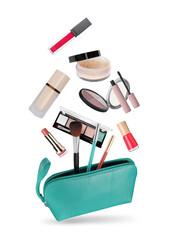 Wall Mural - Different makeup products and turquoise cosmetic bag in air on white background