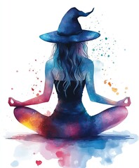 Witch in hat practices yoga and meditation, back view, Halloween sticker