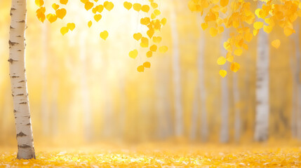 Wall Mural - golden autumn leaves fluttering under soft sunlight in a forest