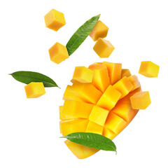 Poster - Sweet fresh mango cut in cubes flying on white background