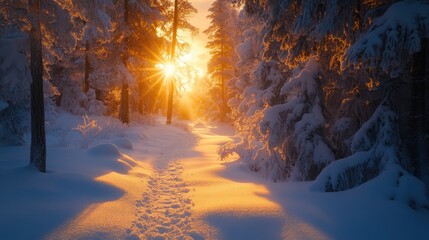 Poster - Sunlit Path Through a Snowy Forest
