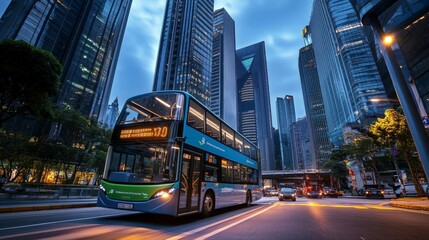 Wall Mural - A double-decker bus travels through busy city streets, surrounded by towering skyscrapers as twilight casts a soft glow over the urban landscape