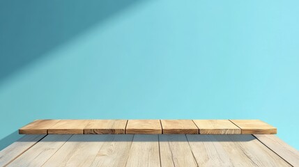 Poster - A clean, minimalist scene featuring a wooden plank tabletop set against a light blue wall, perfect for showcasing products or displaying text. The scene conveys a sense of simplicity, freshness, and n