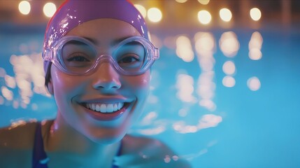 A woman in a swimming cap and goggles smiles at the camera