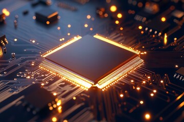 Poster - a close-up image of a cpu chip on a circuit board, with glowing lights highlighting the intricate ci