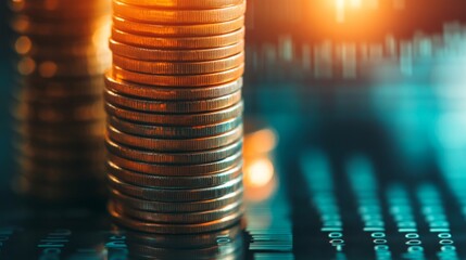 Canvas Print - Gold coins stacked high against a backdrop of euro coins, symbolizing financial wealth and economic success. Background is a blurred stock chart, finance lines and stocks.