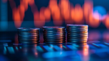 Canvas Print - Golden euro coins stacked on a black background, forming a graph of financial growth