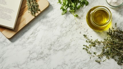 Wall Mural - Fresh herbs like thyme and oregano lie next to a jar of olive oil, blending with a cookbook, creating a warm culinary atmosphere perfect for cooking