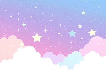 In a pastel sky, fluffy clouds float alongside sparkling stars, creating an enchanting atmosphere. The soft colors blend seamlessly, enhancing the charm and inviting peace and tranquility