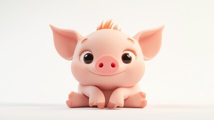 A cute, cartoonish piglet with big eyes and a friendly smile, sitting playfully.