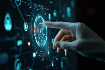 Poster - A close-up shot of a hand interacting with a futuristic, holographic interface. The hand is hovering over a glowing circle with various lines and symbols, suggesting the control of a complex system. T