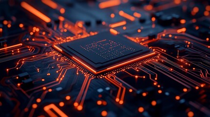 Wall Mural - A close-up shot of a modern microchip sitting on a circuit board, illuminated with bright orange lines, symbolizing the power, speed, and connectivity of modern technology.