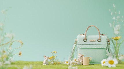 Mint green handbag displayed with cute animal figurines in a garden setting