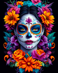 Poster - A woman with a flowery headdress and a skeleton on her face