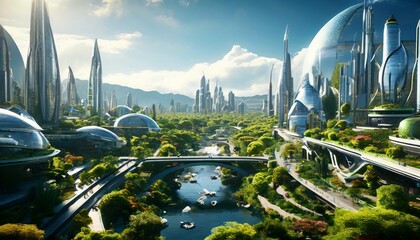 a breathtaking view of a futuristic eco-city featuring lush greenery, flowing rivers, and advanced a