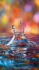 Wall Mural - water drop splash with multicolored reflections on the surface