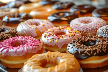 Wall Mural - Closeup of a tempting variety of assorted glazed doughnuts with colorful toppings and frosted icing, perfect for a delicious indulgence or tasty snack at a bakery or dessert shop