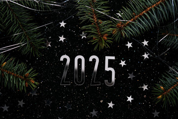 Wall Mural - new year 2025 dark background. number of the coming year in christmas decoration.
