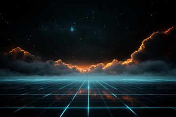 Poster - a digital landscape featuring a glowing grid stretching towards a cloudy sky with a starry backgroun